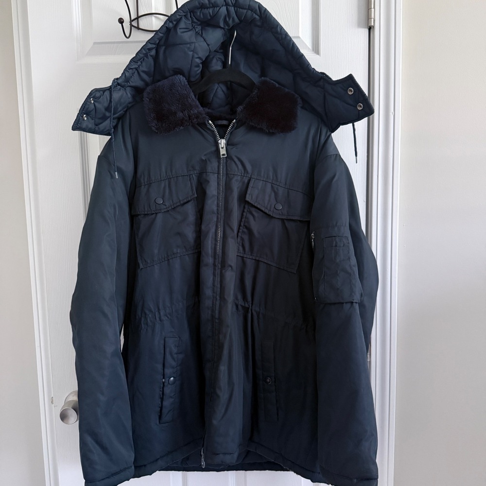 VTG Sears Work Leisure Mens Parka Jacket Navy XL Faux Fur Collar Removable Hood